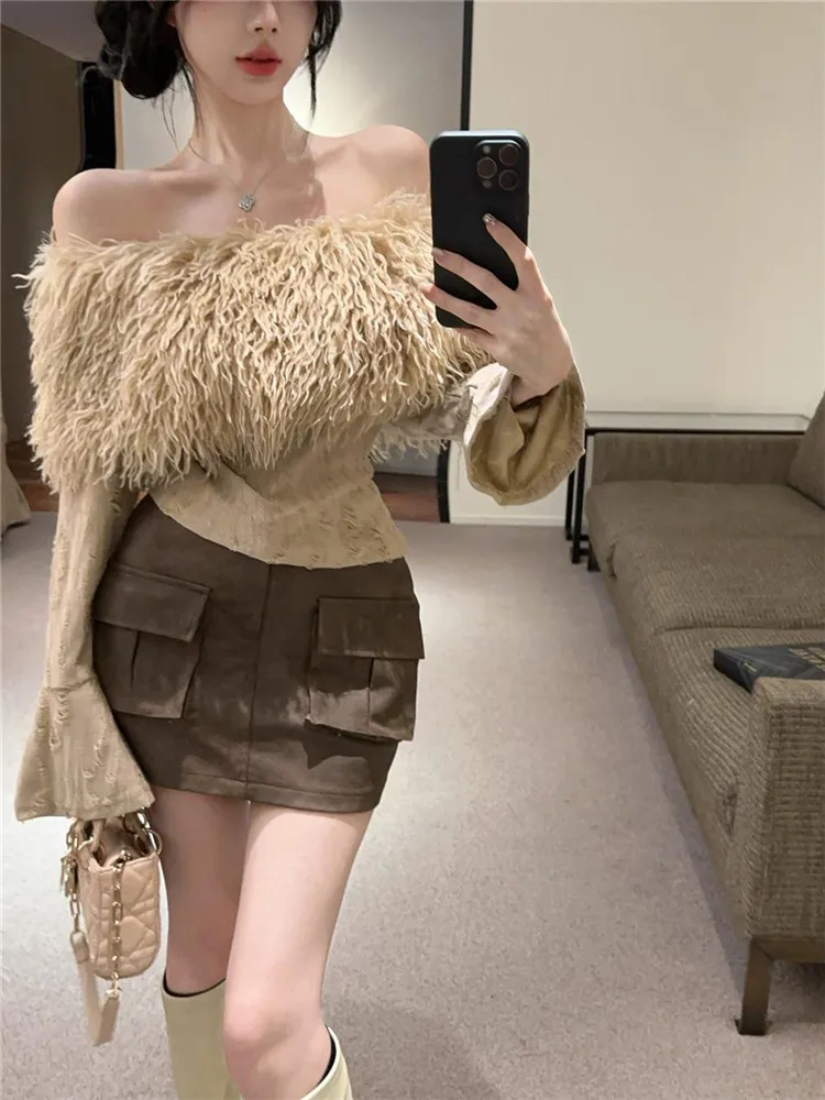 أسود كاكي الفراء المرقعة مائل الرقبة سليم تي شيرت 2025 خريف جديد شيك مضيئة كم علوي قبالة الكتف كم طويل قاع قميص #4