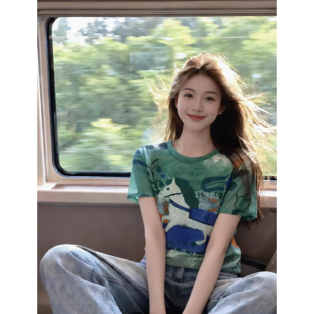 Summer Korean Style Short Sleeve T-Shirt Women's round Neck Gradient Print Thin Mesh Top Breathable Comfortable Standard Fit