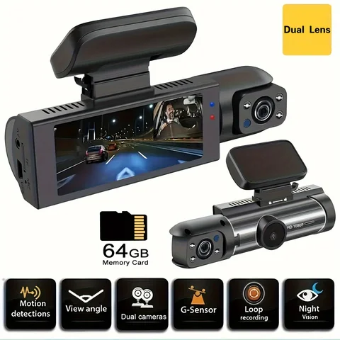 무료 64GB 카드, 듀얼 카메라, 차량용 블랙박스, 전방 및 내부, IR 야간 투시 기능이 있는 차량용 카메라, 루프 녹화, 광각 차량용 DVR
