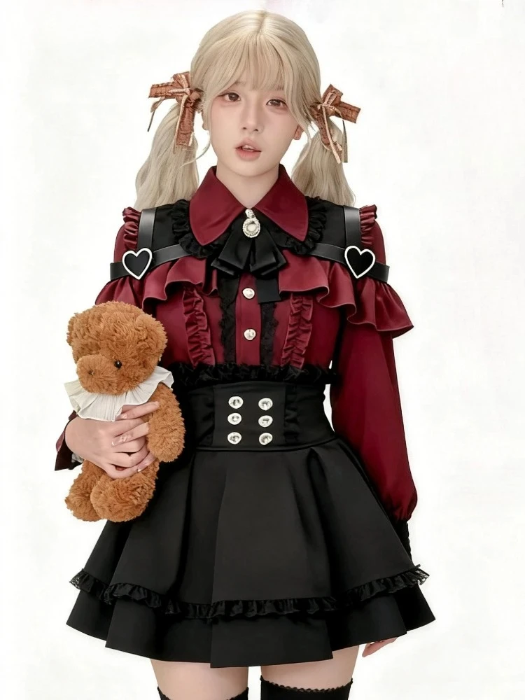 Japońskie kawaii zestawy spódniczek dwuczęściowych, jesienne, codzienne, w stylu vintage, crop topy Y2k, bluzki + mini spódniczki, vintage lolita, komplety sukienek.