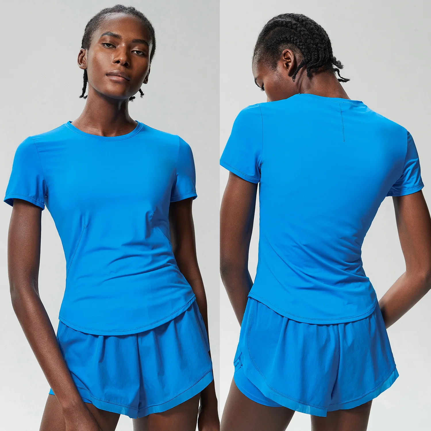 طقم يوجا للياقة البدنية للسيدات مكون من قطعتين ملابس رياضية صيفية قصيرة بلون سادة قابلة للتنفس سريعة الجفاف بدلة جري خارجية ملابس رياضية #5