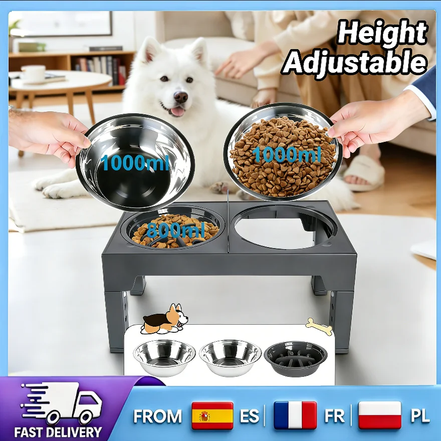 5 Bols surélevés pour chiens réglables en hauteur, antidérapants, avec support de nourrissage surélevé et bols en acier inoxydable pour chiens de petite, moyenne et grande taille