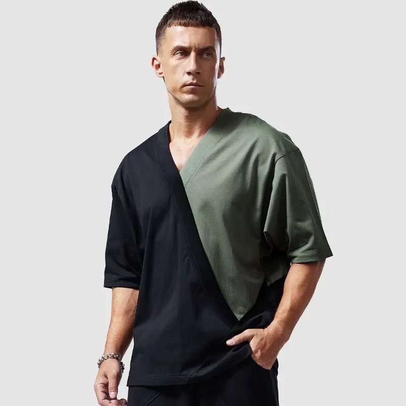Chinese Style Retro Short Sleeve Men V Neck Sweatshirt Cotton Summer Black White Spliced Loose 2xl Oversized Clothing Casual Top