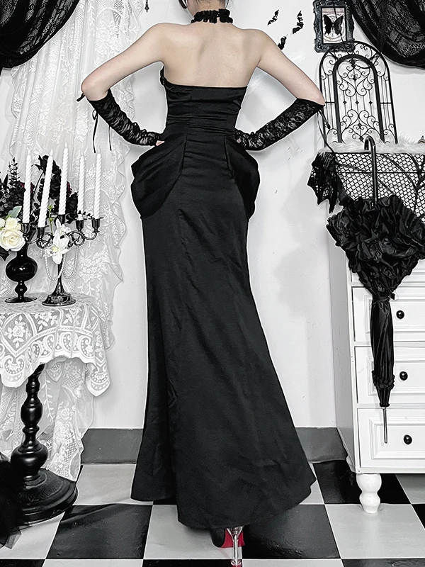 Costume gotico Sle loween Ne Hanging Dr da donna slim fit in vita lunga Dr sexy con cerniera a vita alta Bal