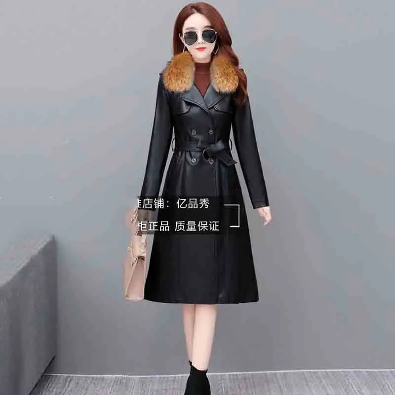 Autunno inverno New Haining Leather Women Long Korean Version Slim Fashion Temperament Large Size Women Leather Trench Coat