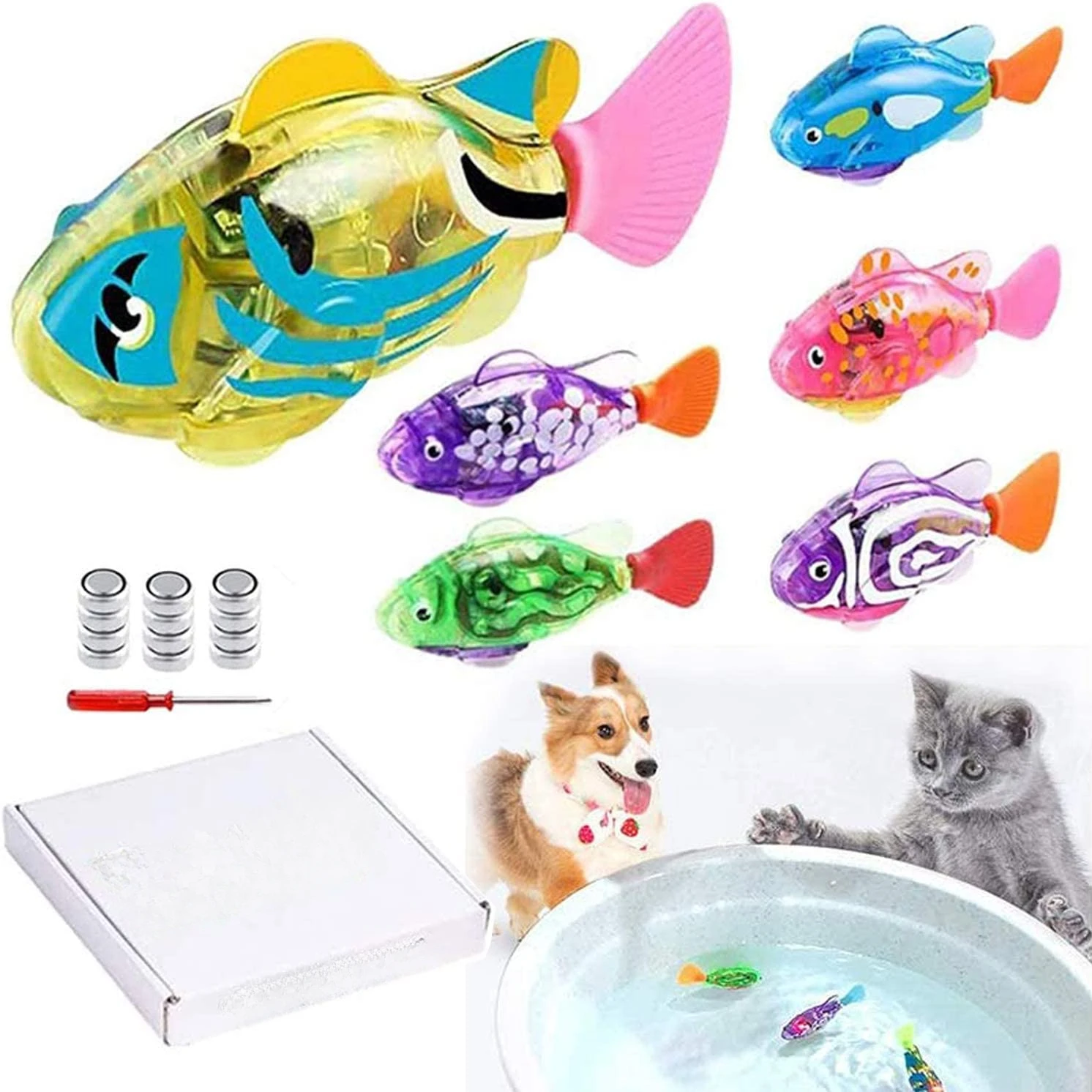 

Interactive Robot Fish Toys for Cat/Dog(6 Pcs), Activated Swimming in Water with LED Light, Swimming Bath Plastic Fish Toy Gift