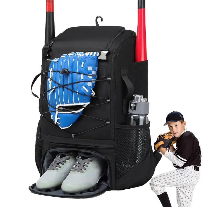 Sac à dos de baseball pour jeunes, sac de batte de softball, compartiment à chaussures, crochet de clôture, supports de gants de chauve-souris, équipement de casque pour les jeunes