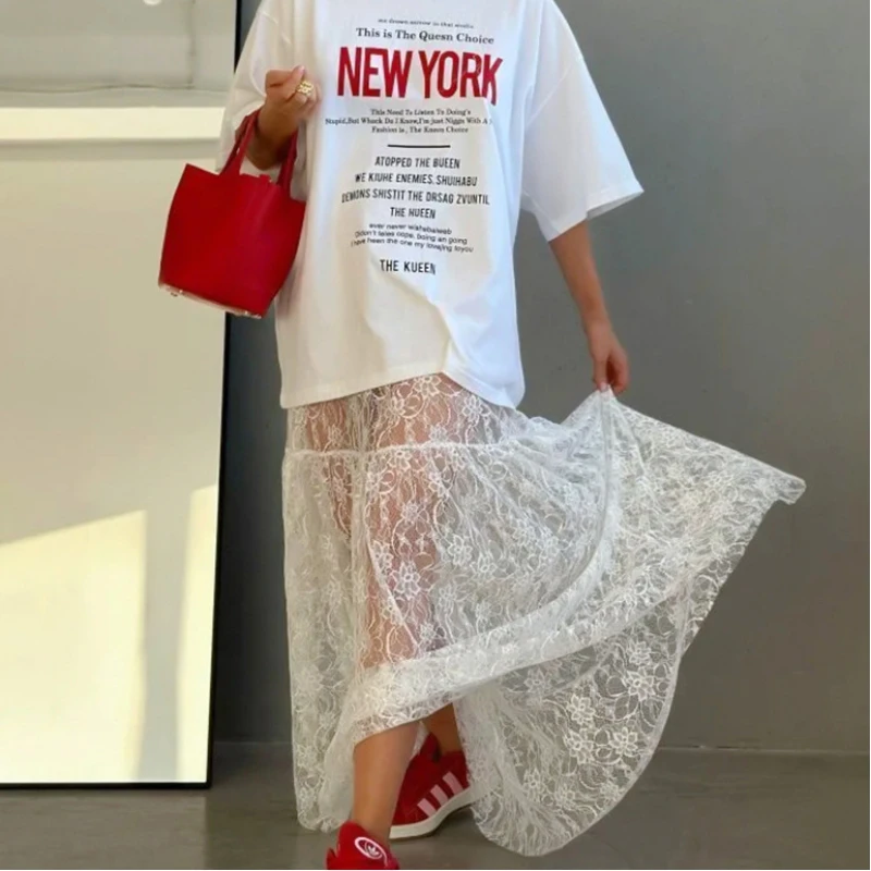 

Transparent Long Lace Skirt Women 2025 Summer New High Waist Sexy Casual Maxi Skirts Street Fashion White Holiday Beach Skirt