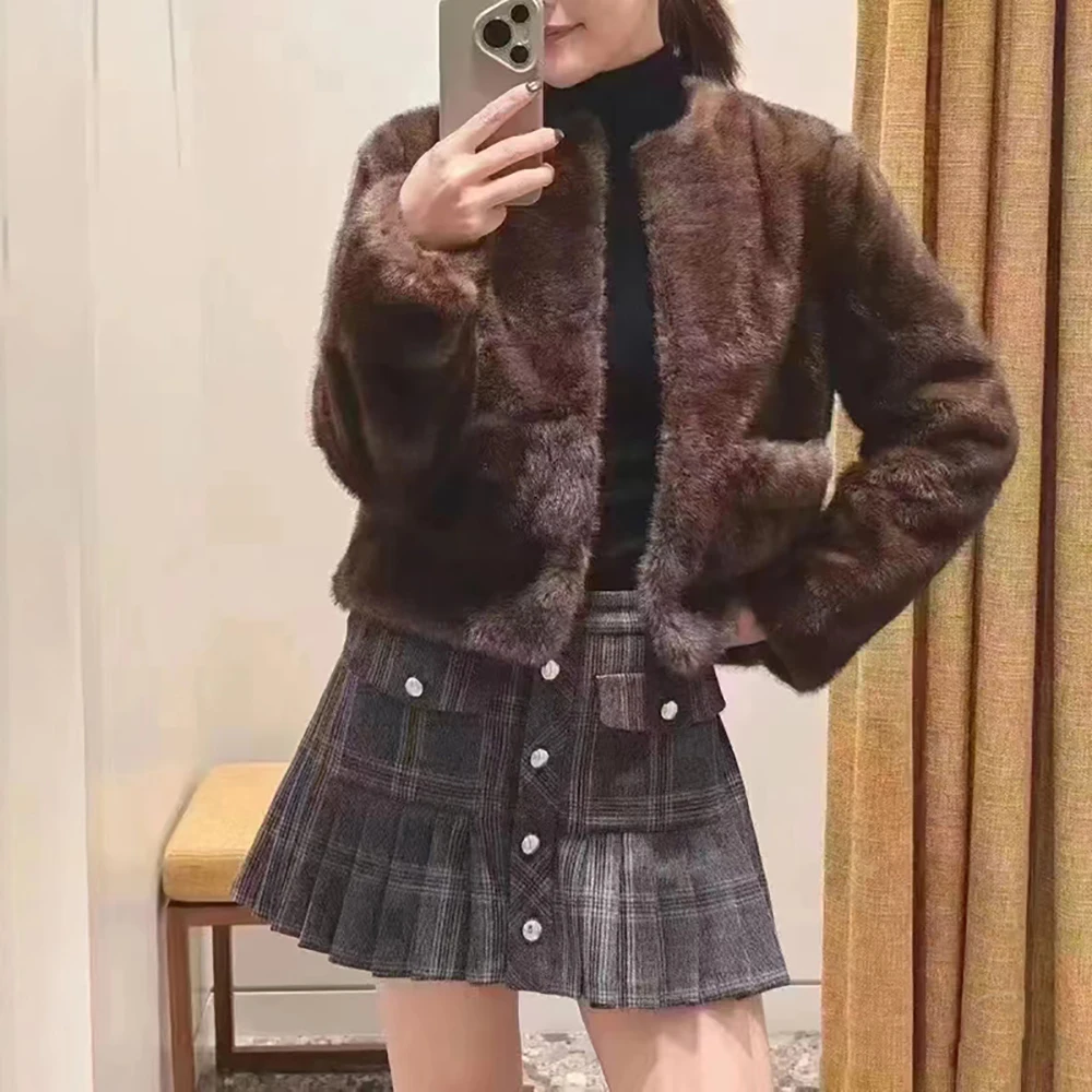 

Faux Fur Women's Jacket Y2K Brown Shiny Elegant Commuter Round Neck Long Sleeve Jacket Top 2025 Fall/Winter New Arrival