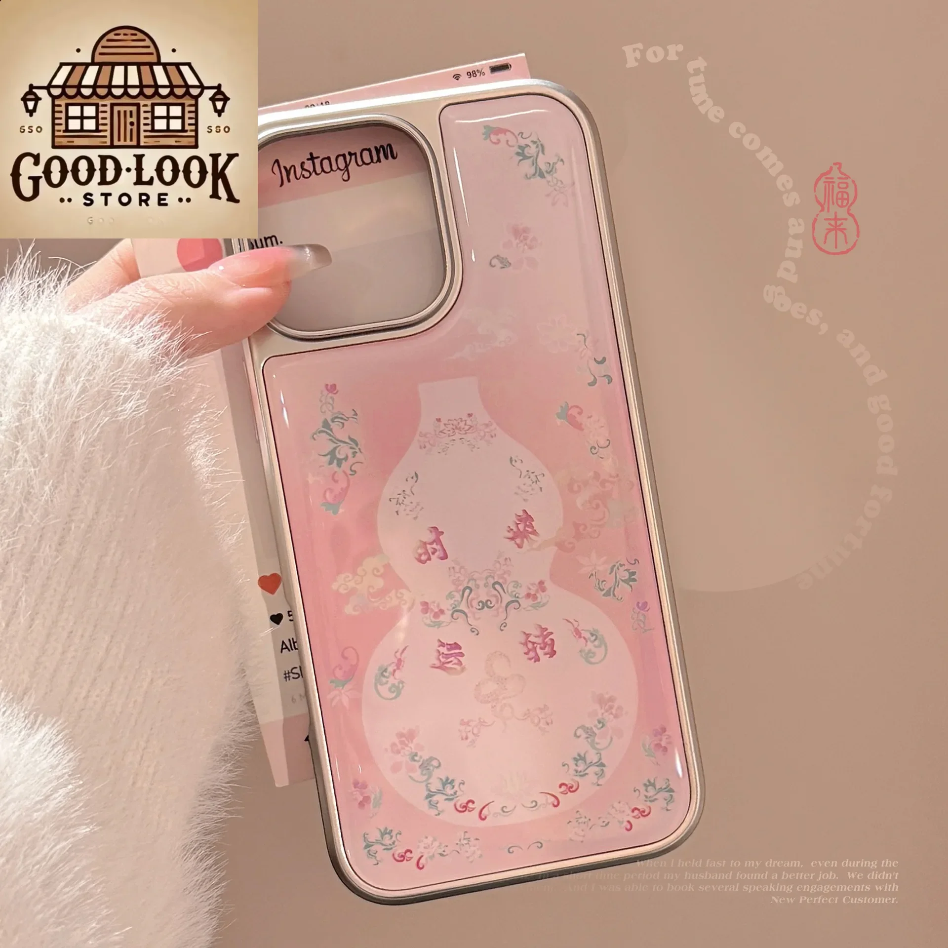 Ancient Chinese Style: Pink Gourd Printed iPhone Phone Case, Classic Oriental Beauty iPhone 16 Pro case for 16 15 14 13 12 11