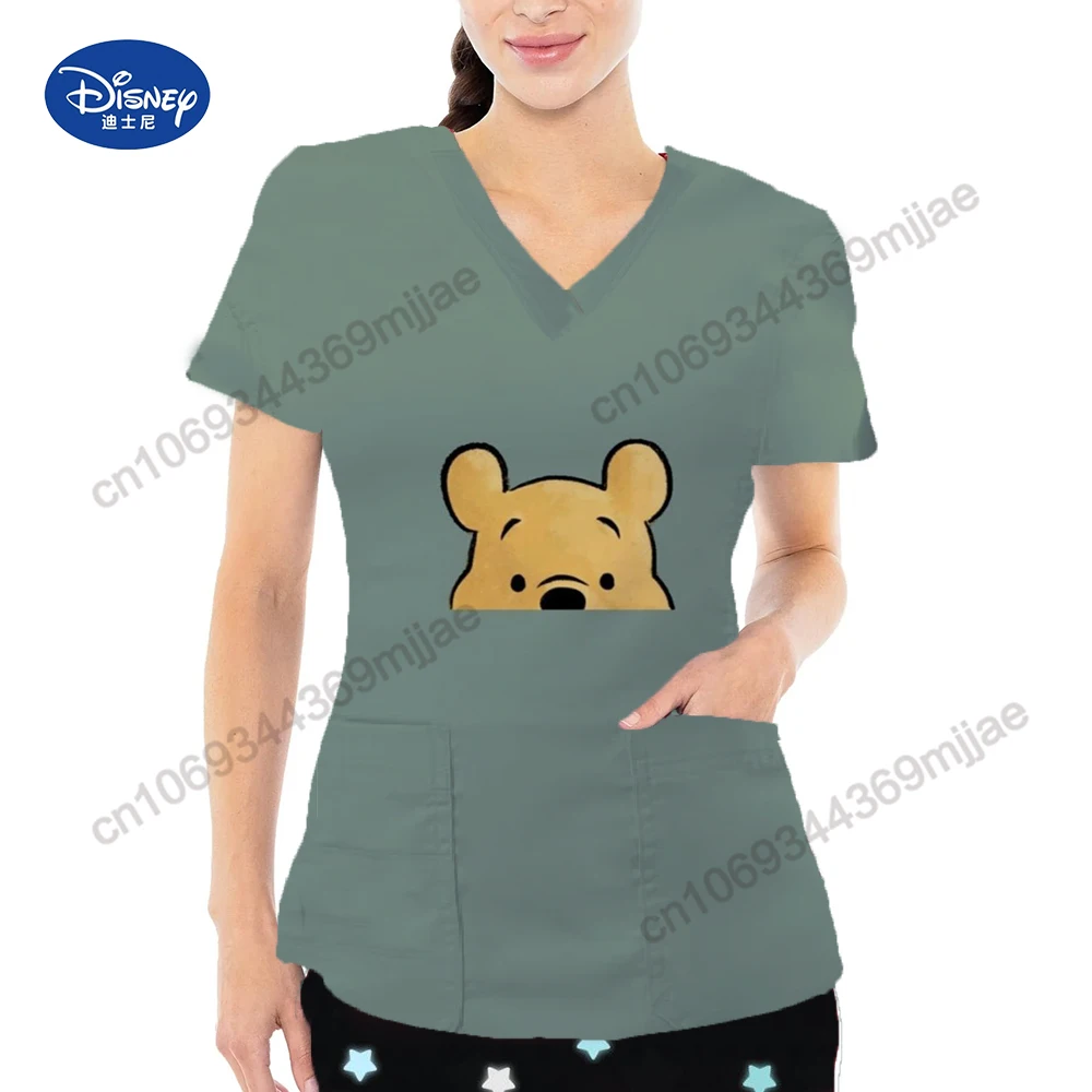 2024 Summer Women T-shirt Fashion V-neck Design Disney Cartoon Print Pattern Casual Comfortable T-shirt Double Pocket Women Top