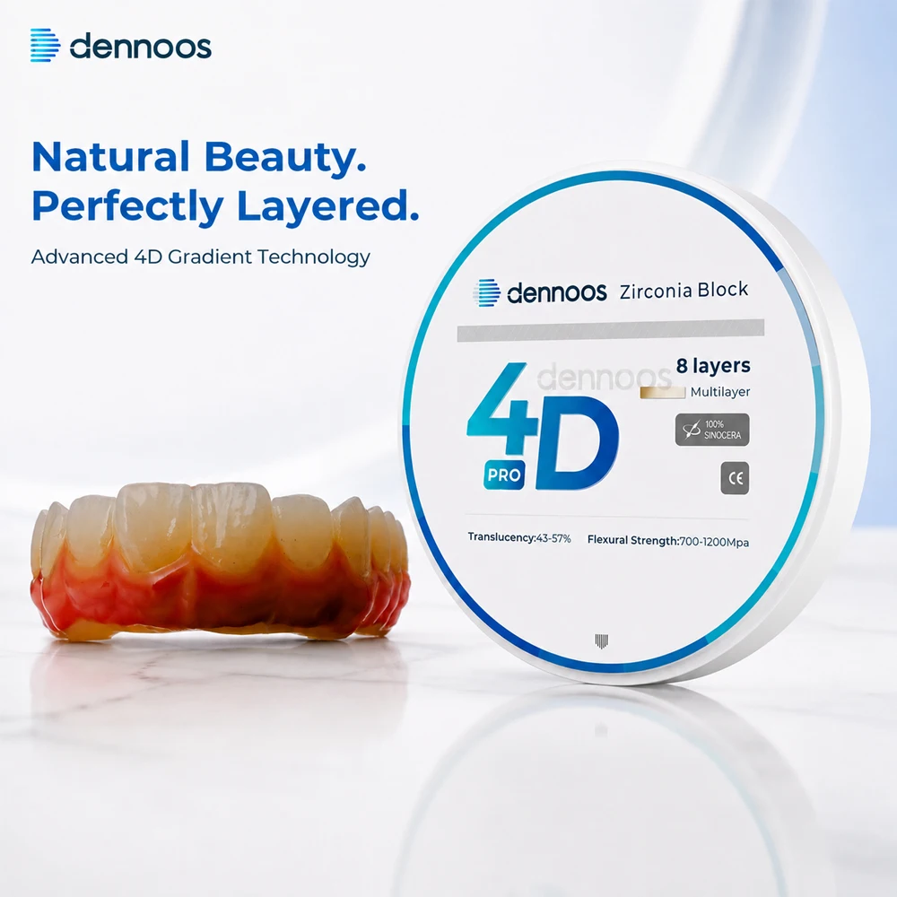 4D PRO Циркониевый стоматологический блок, многослойный, 8 слоев, прозрачность 43-57%, прочность 700-1200 МПа, материал для CAD/CAM, для изготовления коронок и мостов в зуботехнической лаборатории.