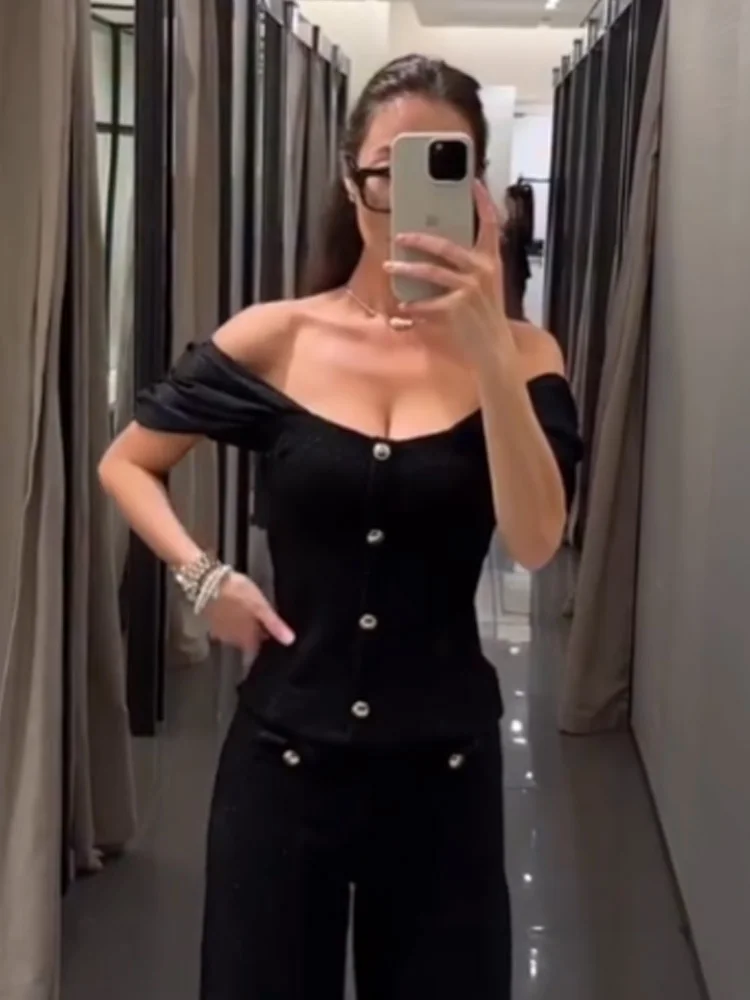 HH Women Summer Fashion Bubble Short Sleeve Tweed Stitching Top Female Sexy Sleeveless Golden Buttons Decoration Short Top