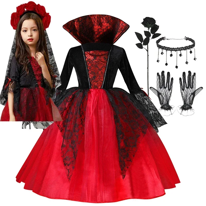 Halloween Mädchen Cosplay Teufel Kostüm Hexe Geisterbraut Tutu Kleid mit Hörnern Flügeln Kürbistasche Kinder Party Cosplay Outfits – Detail 2