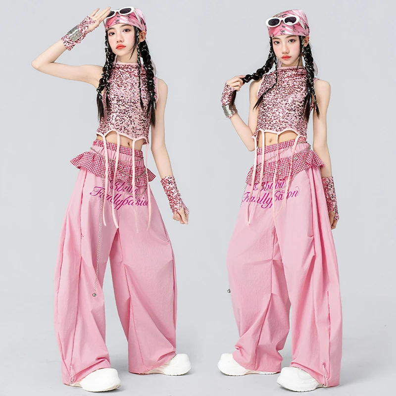 new-jazz-dance-clothes-for-girls-kpop-show-performance-costume-pink-dance-stage-outfit-sequin-crop-top-hip-hop-loose-pants-5474