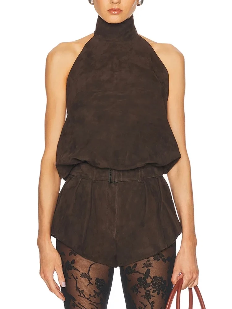 

2025 Winter Women Coffee Shorts Two Piece Set Sexy Sleeveless Halter Neck Backless Top + Shorts Suits Party Cocktail Suits