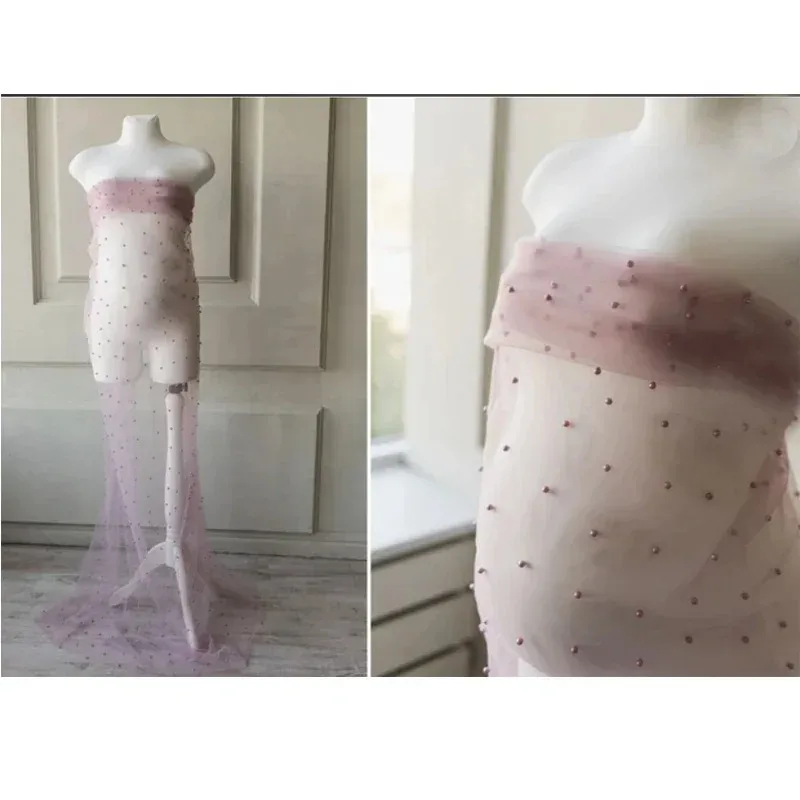 진주 장식 튤 임산부 사진 촬영 베일, 시어 베이비 샤워 백드롭 및 토싱 스카프, 임신 사진 촬영 드레스 베베
