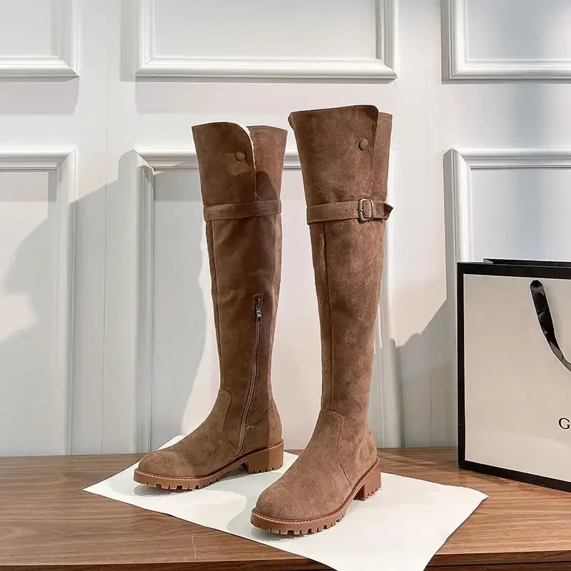 المرأة الخريف الشتاء البريطانية الرجعية الصوف اصطف فوق الركبة سليم صالح جولة تو منتصف كعب للتحويل طوي أحذية عالية