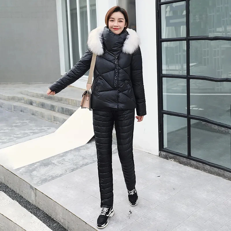 Women Winter Hiking Jacket Pants Suit Fashion Large lapel Fur Collar Warm Two piece Set Slim Outerwear Pants Coat Down Cotton