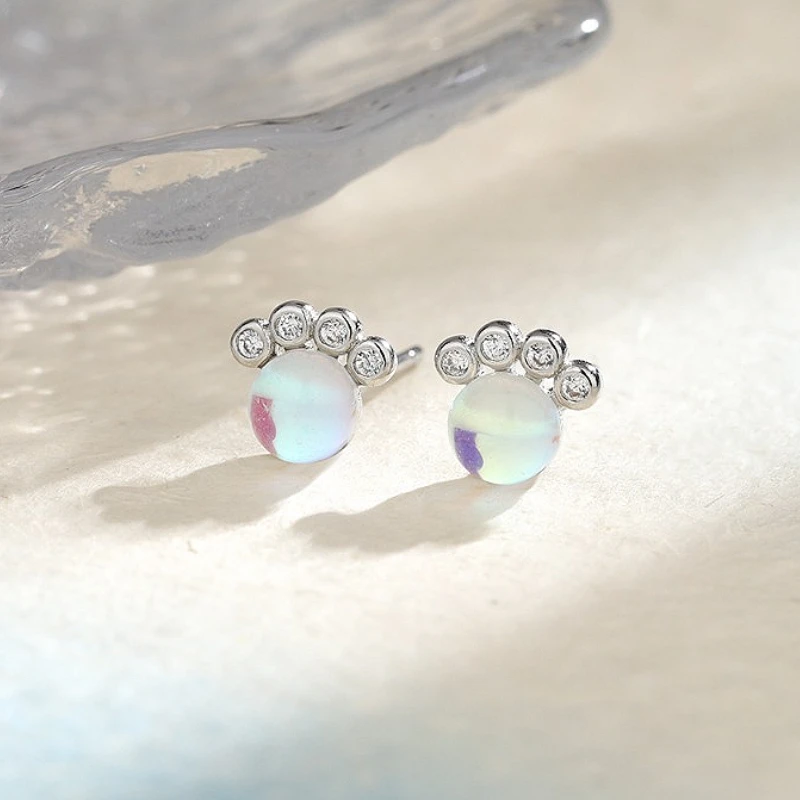 

925 Sterling Silver Exquisite Cat Paw Colored Zircon Moonstone Stud Earring for Women Fine Jewelry High Luxury Accessories