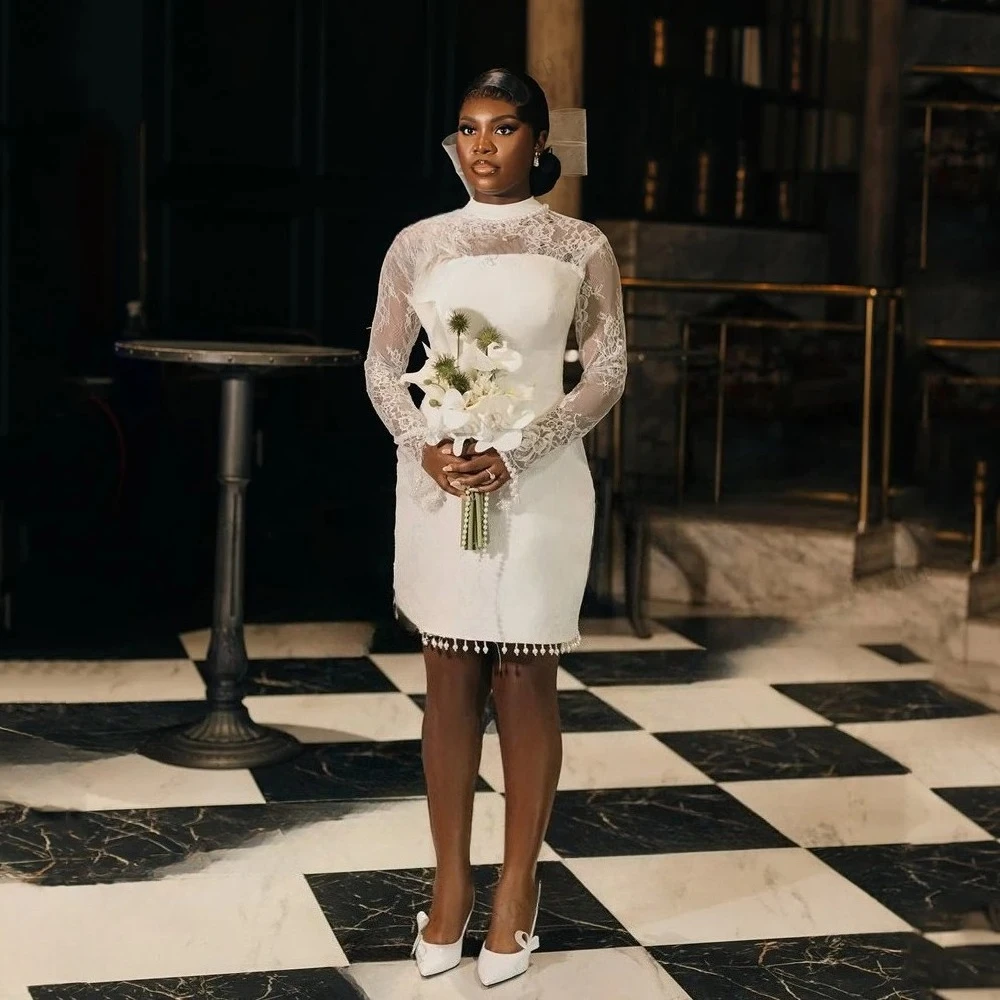 

Elegant Lace Mini Wedding Dresses Tassel Applique High Neck Short Civil Bridal Gowns For African Women vestidos de novia