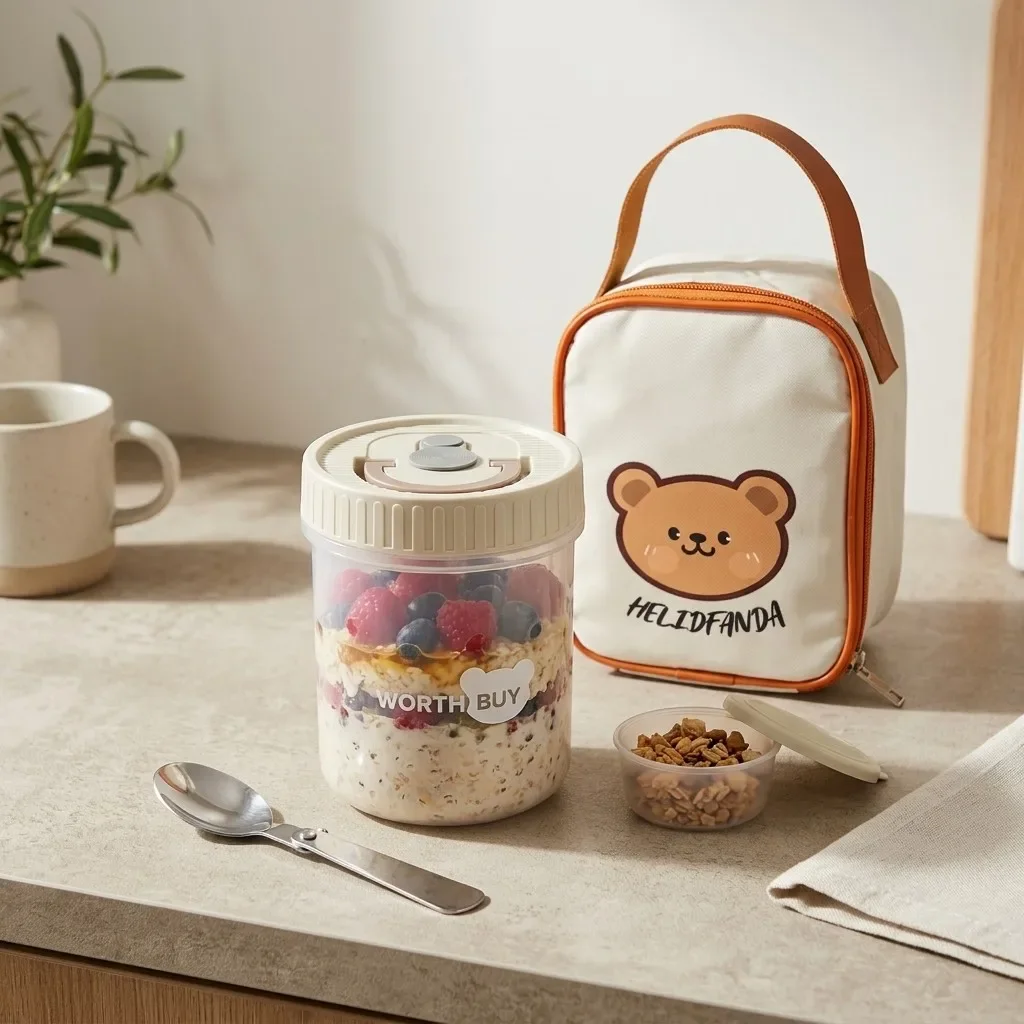 Overnight Oats Container with Lid Plastic Food Storage Container Microwave Safe Leakproof Yogurt Salad Cup Kids School Lunch Box