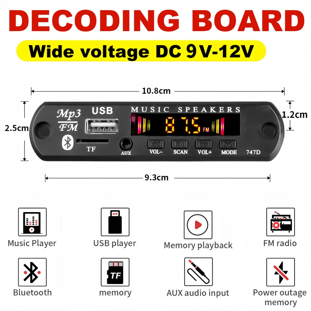 DC 9V 12V Bluetooth 5.0 MP3 WMA Player Wireless Decoder Board Folder Switching USB TF FM Radio Call Module Car Kit For Speaker