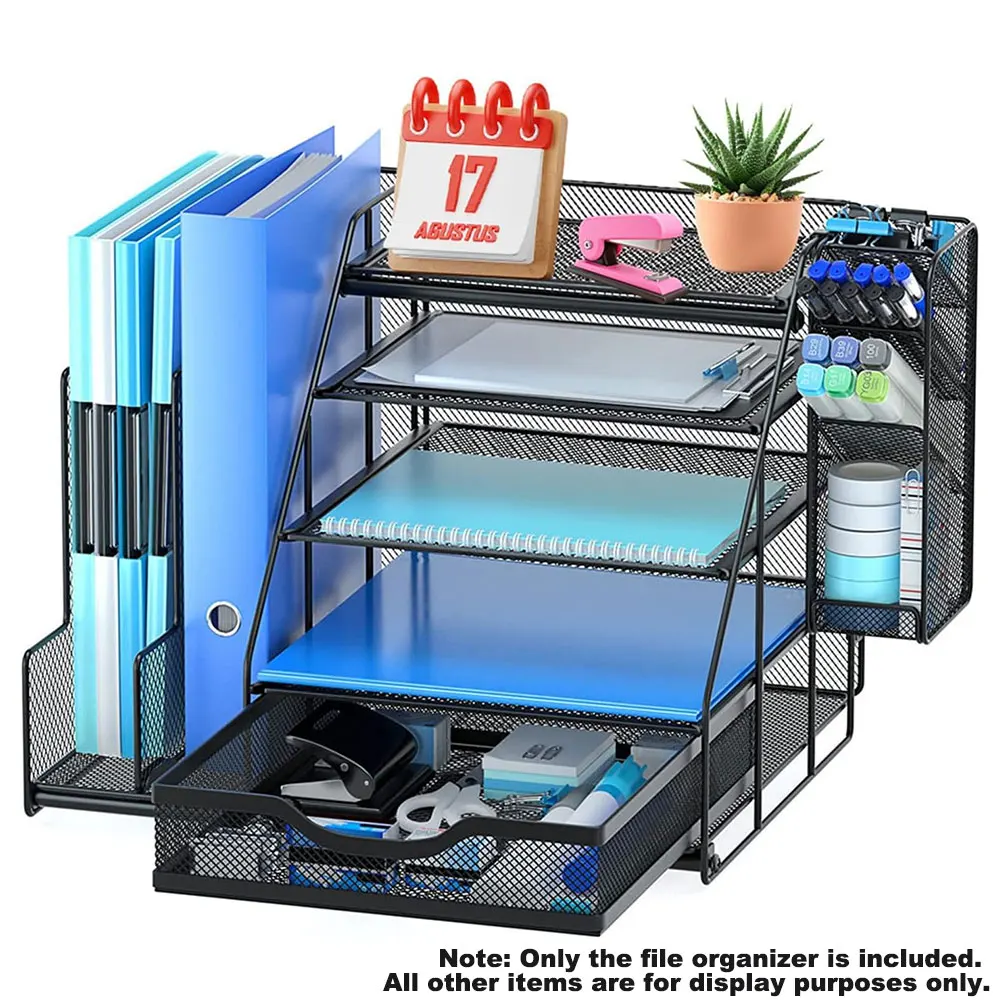 5-Tier Metal Mesh Desk Organizer with Vertical File Holder, Pull-Out Drawer and Side Pen Holder for Office Files and Stationery