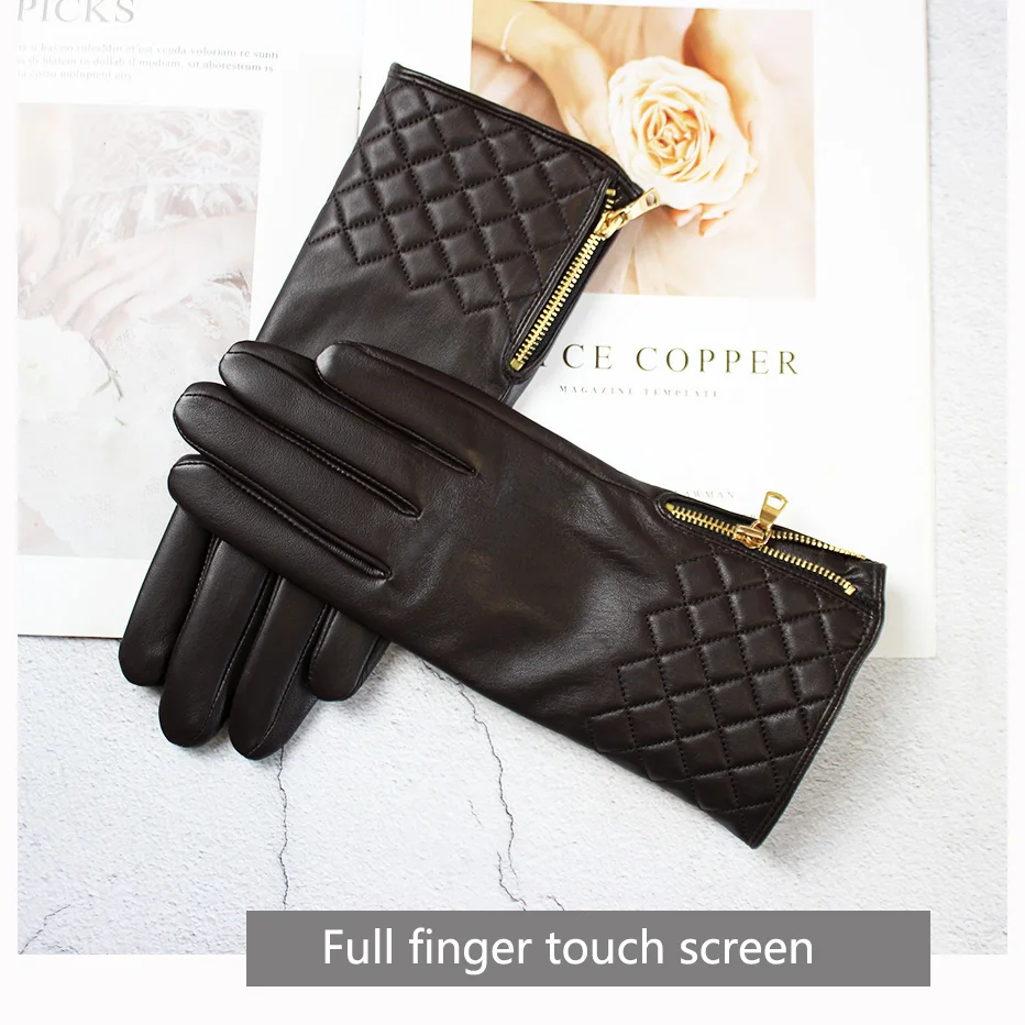 Winter Warm Sheepskin Women\'s Colorful Genuine Leather Touch Screen Fashion Zipper Velvet Lining Cold resistant Finger Gloves