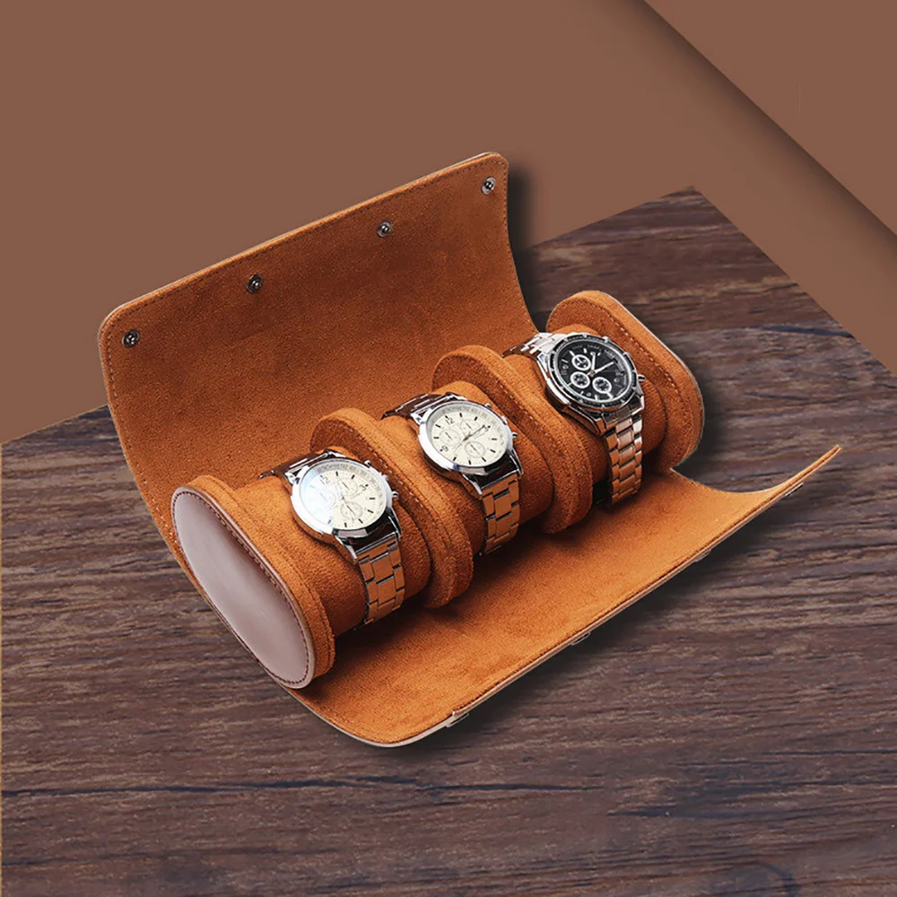 Brown three-seater Premium Leather Watch Storage Box, Portable Travel & Home Watch Organizer