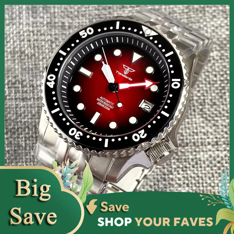 Tandorio sunburst vermelho nh35a relógio mecânico mergulhador masculino skx modelo 3.8 coroa nh35 movt 120 cliques moldura 200m relógio à prova