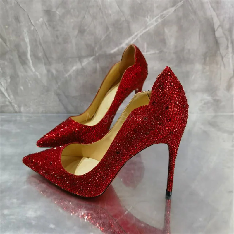 Red Rhinestone Pumps Stiletto High Heels Single Shoes Women Golden Full Diamonds Shallow Shoes for Lady Brand Design Big Size 43