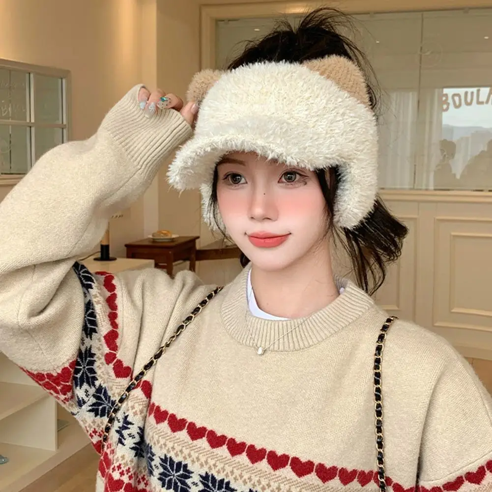 Lightweight Fluffy Hat Winter Visor Cap with Ear Flaps Plush Hat with Brim Open Top Ponytail Winter Hat Cute Cat Ear for Women