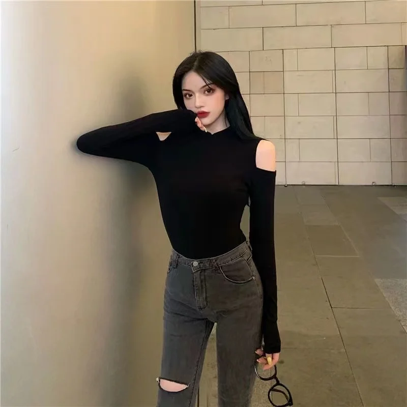 Sexy Off Shoulder Tops Womens Spring Autumn Long Sleeve T-shirt Korean Elegant Laides Slim Fit Coffee Green Gray Black White Top