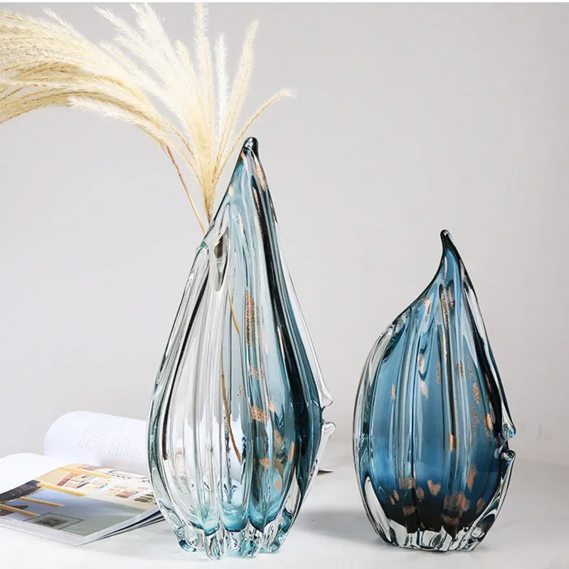 

Art Vases Modern Minimalism Glass Blue Vase Fake Flower Dried Flowers Container Light Luxury Originality Living Room Decor