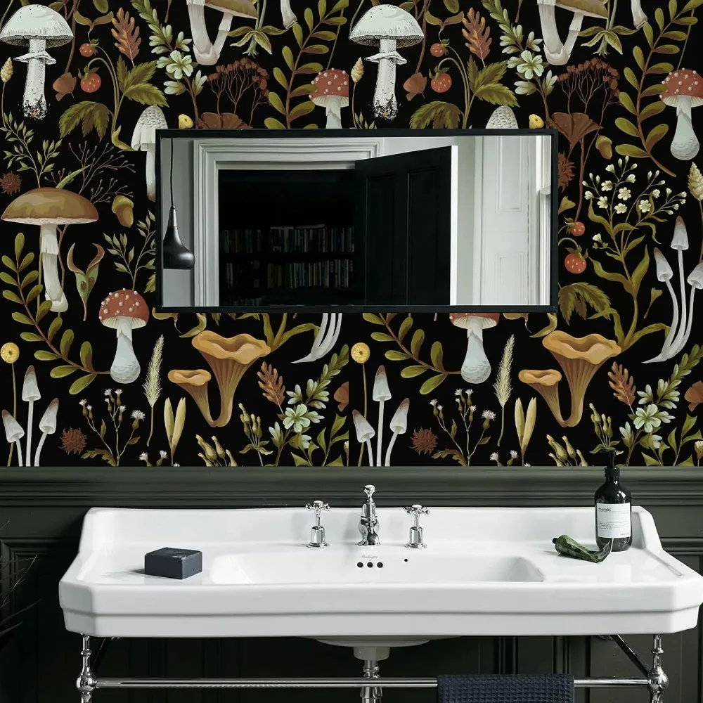 Papel de parede de vinil com padrão de cogumelo boêmio floral – autoadesivo removível para banheiro e quarto, 17,3 x 9 polegadas