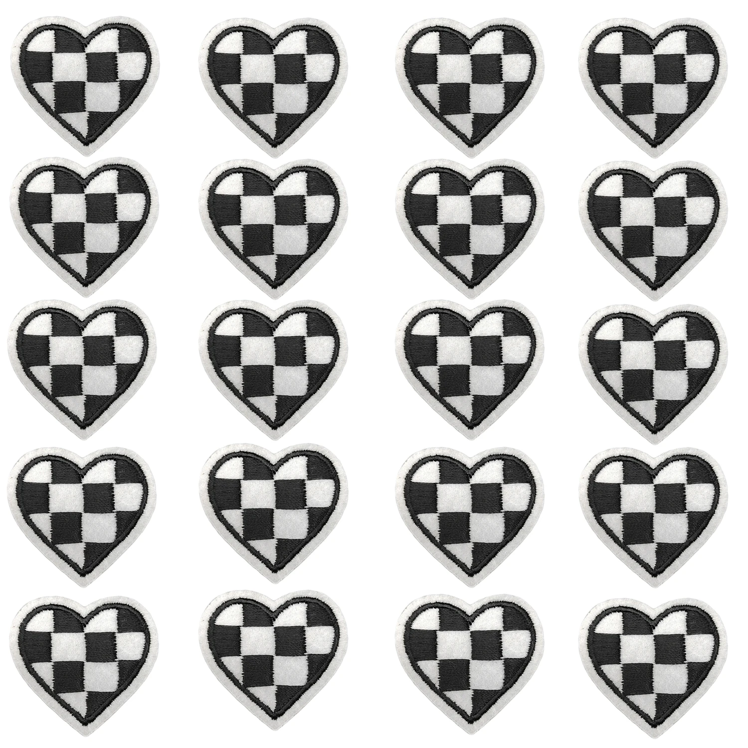 10pcs/20pcs/100pcs Black and White Grid Heart Iron On Motifs for Clothes Bags Hat Cap Embroidery Patches for Decoration