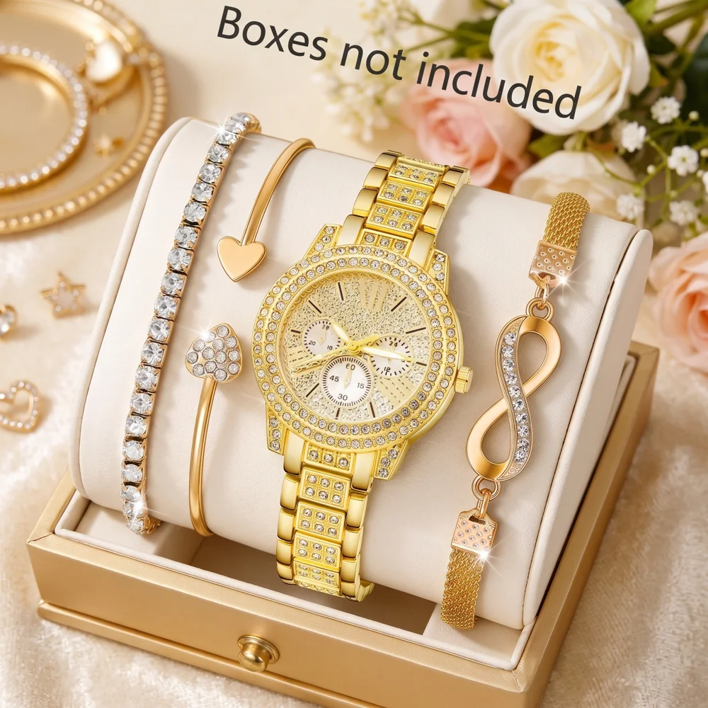 Travel Accessories Gift Set - ชุดนาฬิกาข้อมือ 4 ชิ้น/เซ็ต สำหรับทุกเพศ นาฬิกาข้อมือผู้หญิง เครื่องประดับสีทอง