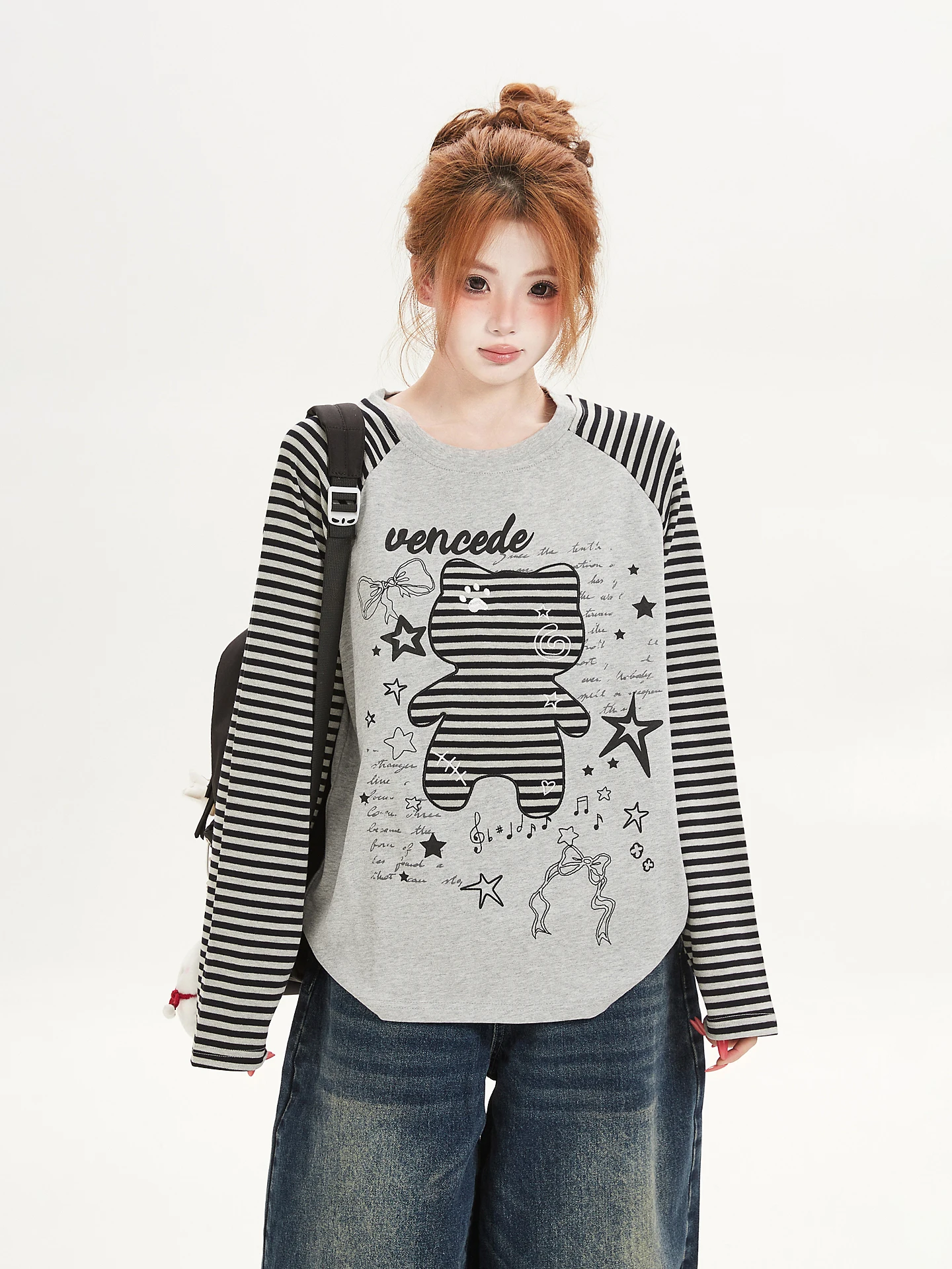 Retro American Ant Bear Embroidery Striped Long Sleeve T-Shirt Women Casual Loose Lazy round Neck Trendy Cotton Top