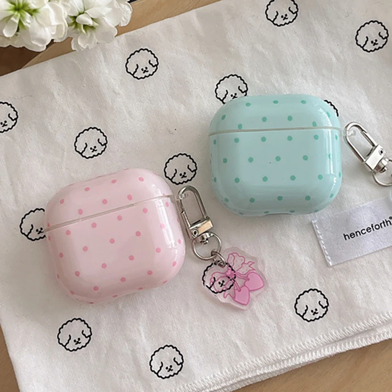 

Solid Color Chic Pink Green Polka Dots Earphone Case for AirPods 1 2 3 4 Pro Pro2 Headset Cover whith Cute Pendant