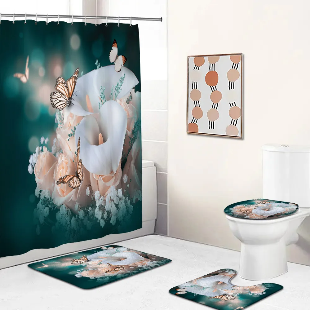 

Набор занавесок для ванной с цветами, бабочками, розовыми и фиолетовыми цветами