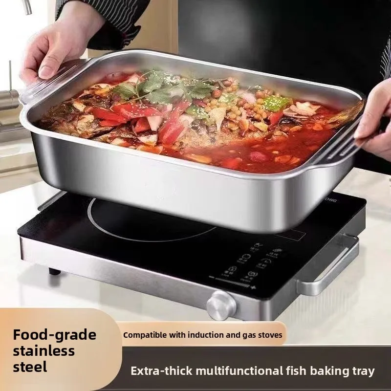 

Прямоугольный противень для барбекю из нержавеющей стали с крышкой, жаропрочный, для приготовления морепродуктов и выпечки, для 5+ человек