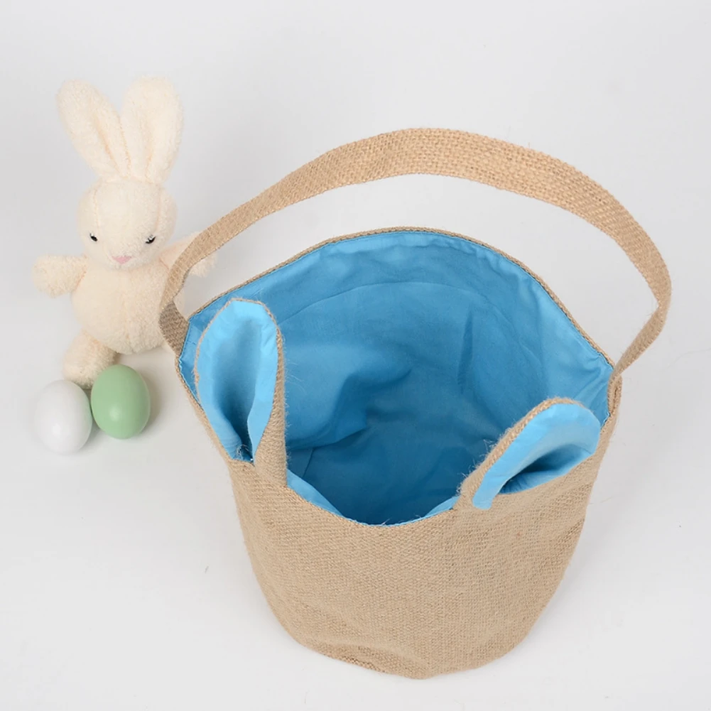 Easter Bunny Bucket Canvas Cotton Rabbit Ear Bag for Kids Check Easter Basket Candy Carry Handbag for Party Decor