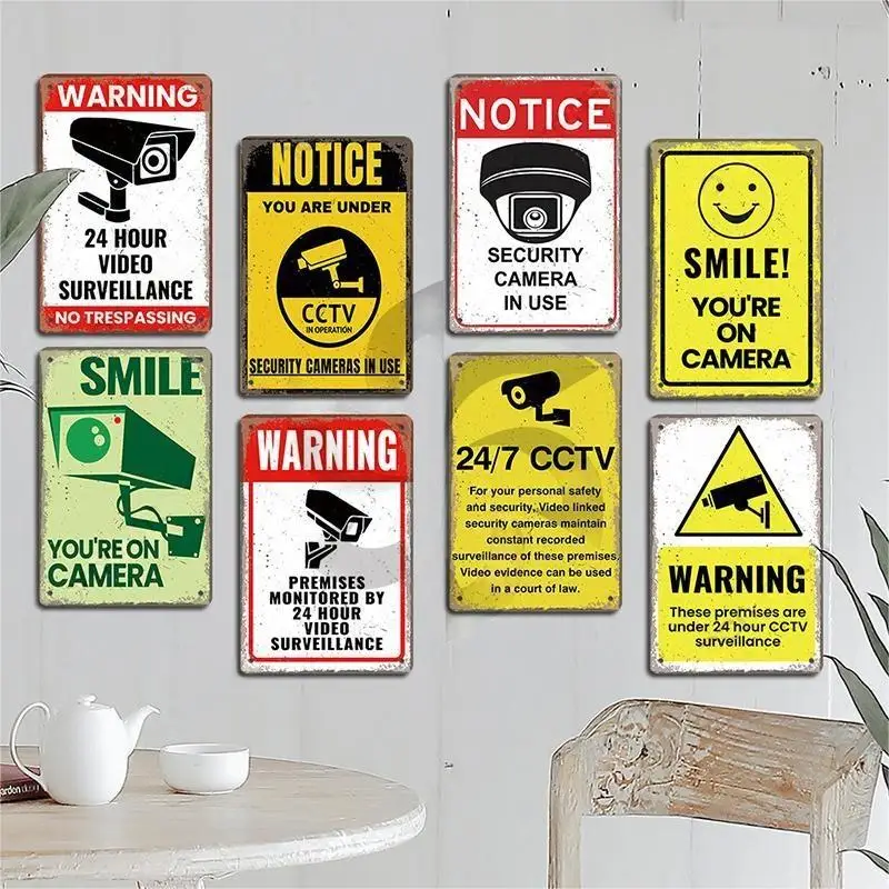 Warning CCTV Tin Signs Metal Plaque Notice 24 Hour Security Camera Vintage Poster Metal Plate Wall Decor for Mall Shop Bar