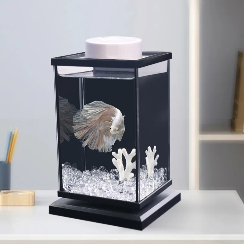 Rotating Glass Betta Tank Desktop Small Aquarium Transparent Landscaping Fishbowl Home Decor