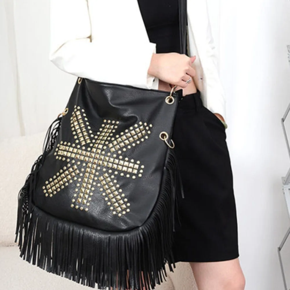 JIAERDI Vintage Beading Black Handbag Women Large Capacity Tassel Casual Shoulder Bags Female Retro Soft Leather Handbags Purses