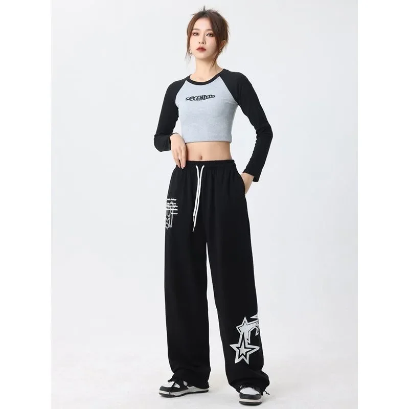 Korean Oversize Jogging Sweatpants Women Fashion Stars Printing Wide Leg Pants Baggy Sports Trousers Y2k Hip Hop Streetwear