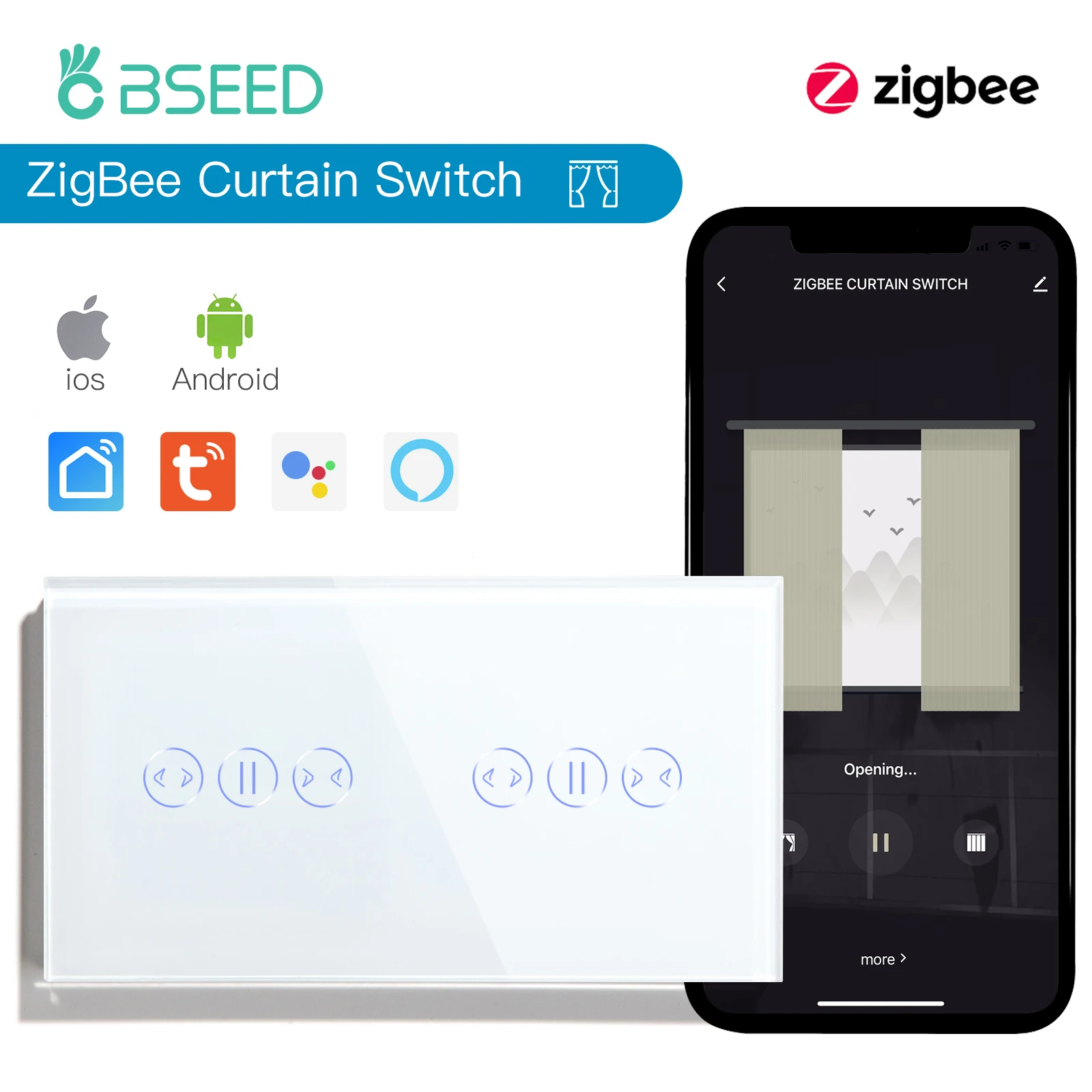 

Умный выключатель для штор BSEED ZigBee 3,0, настенный переключатель, умный переключатель для штор с двойным управлением через приложение Google Alexa