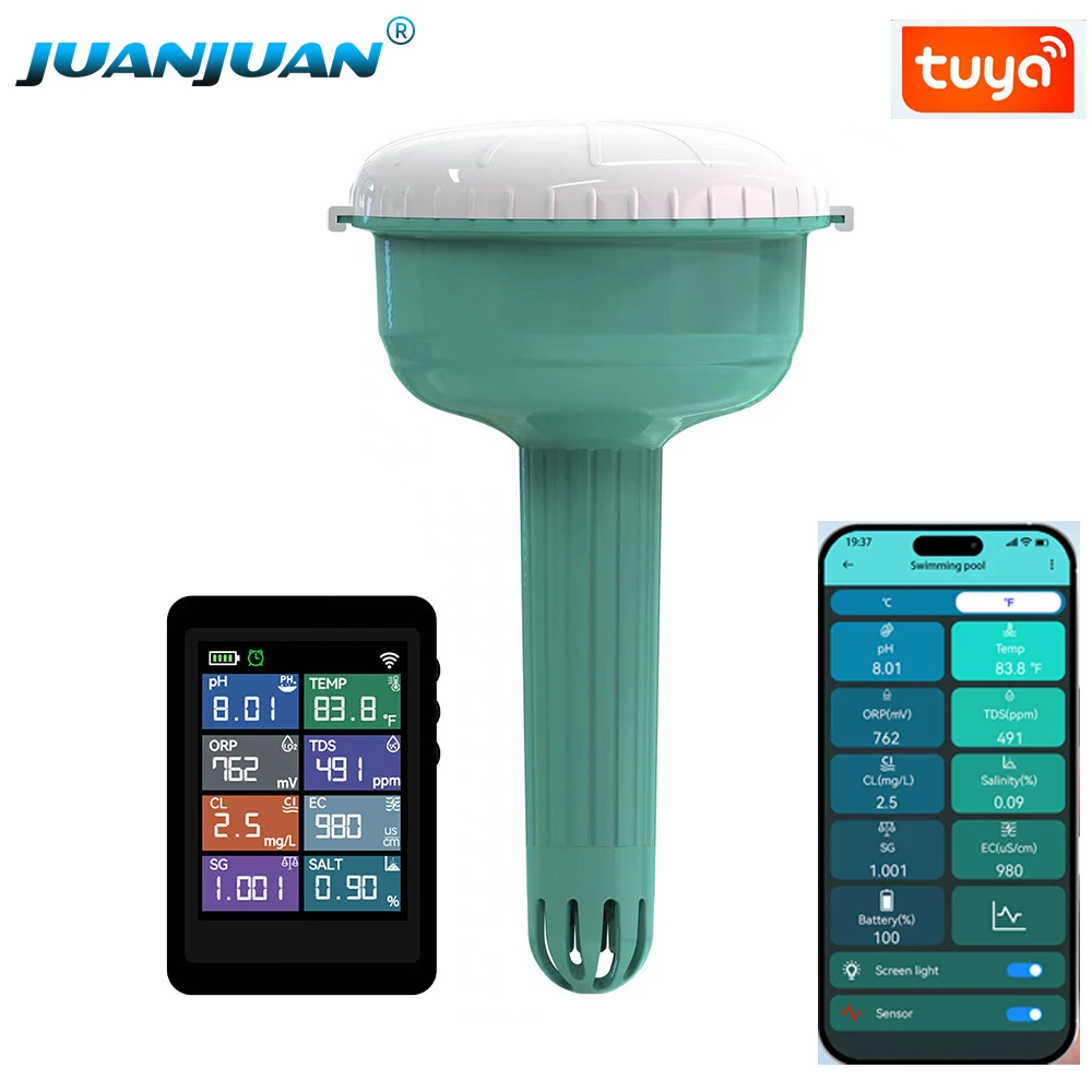 Monitor de Agua Flotante WiFi Tuya, Medidor de Cloro Inteligente en Línea, Detector de Agua para Piscina 7 en 1, Probador de PH, Cloro, EC, TDS, Sal, ORP y Temperatura