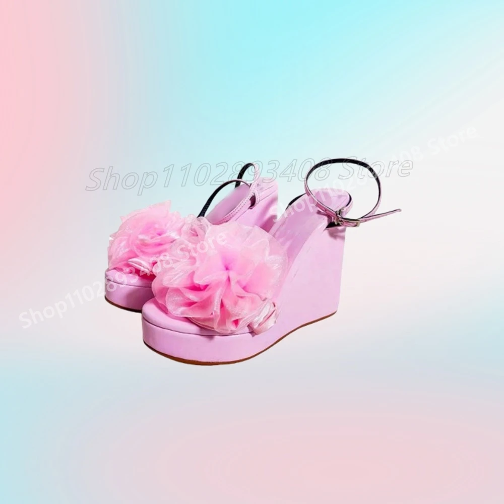 

Pink Flower Design Platform Sandals Wedges High Heel Buckle Sweet Cosplay Sexy Women Shoes 2025 Summer Zapatos Para Mujere